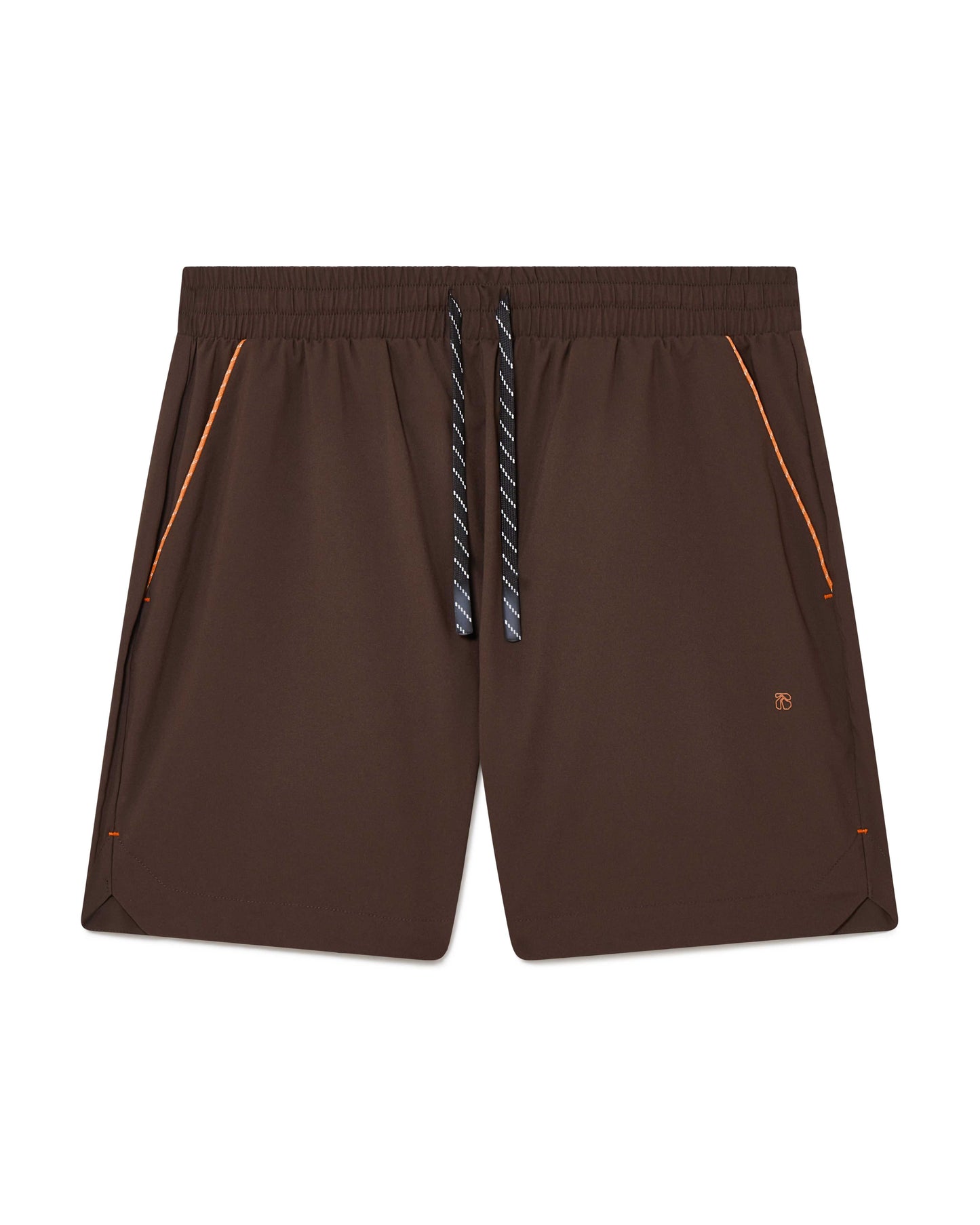 Brown Running shorts, front view, lightweight shell, 4-way stretch, moisture wicking and breathable fabric
