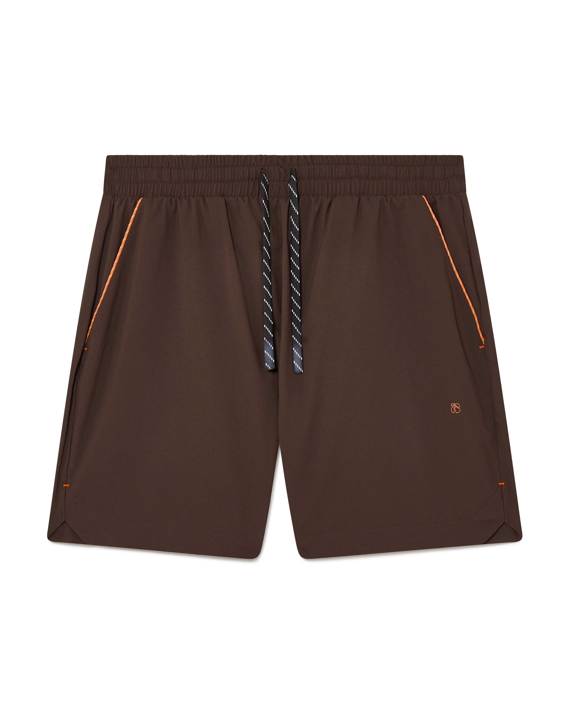 Brown Running shorts, front view, lightweight shell, 4-way stretch, moisture wicking and breathable fabric