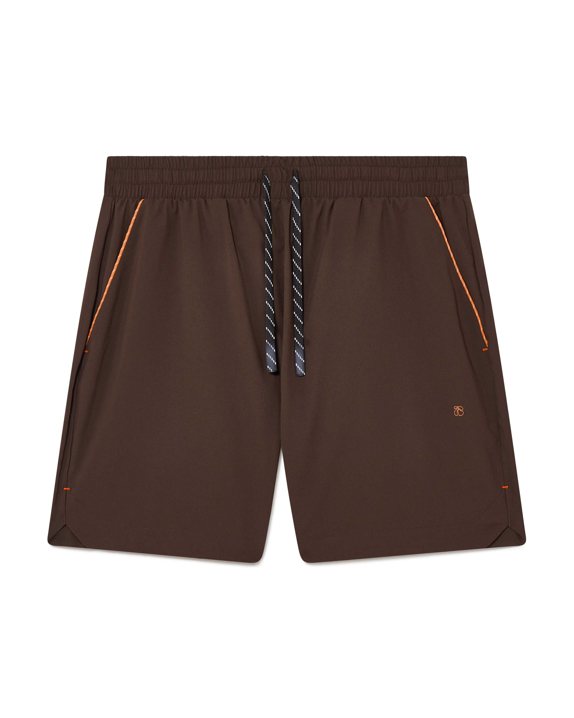 Brown Running shorts, front view, lightweight shell, 4-way stretch, moisture wicking and breathable fabric