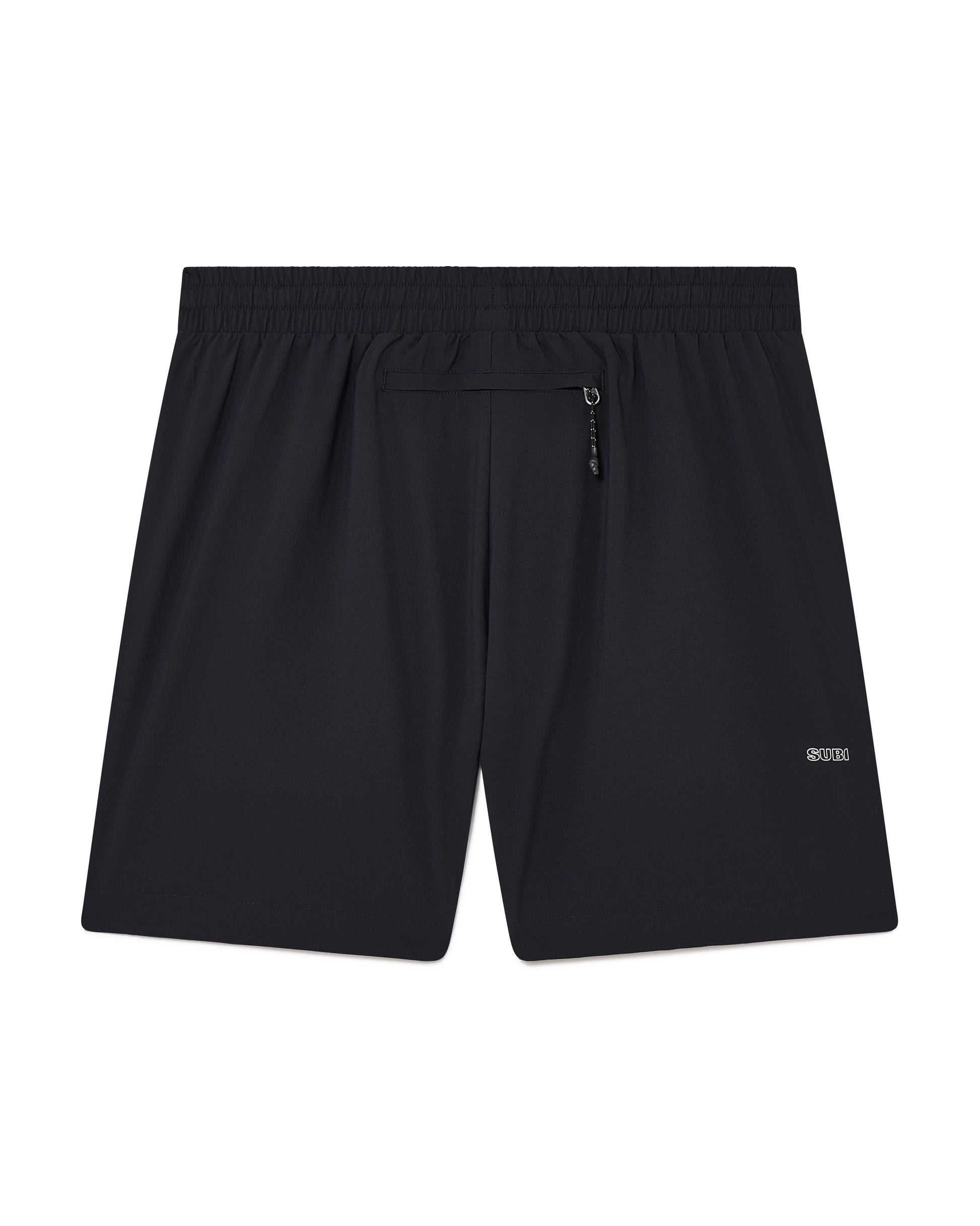 Black Running shorts, back view, lightweight shell, 4-way stretch, moisture wicking and breathable fabric, back zip