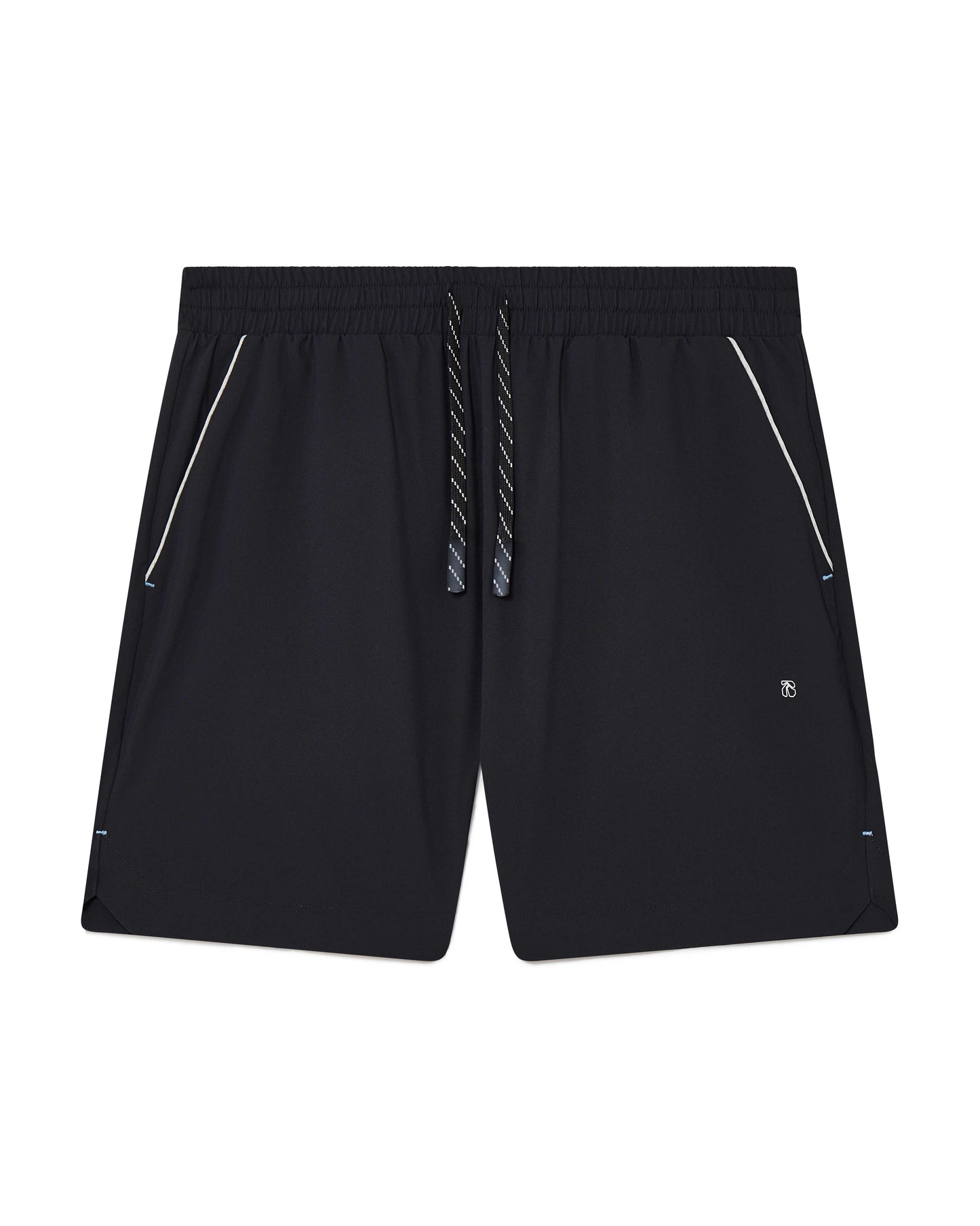 Black Running shorts, front view, lightweight shell, 4-way stretch, moisture wicking and breathable fabric