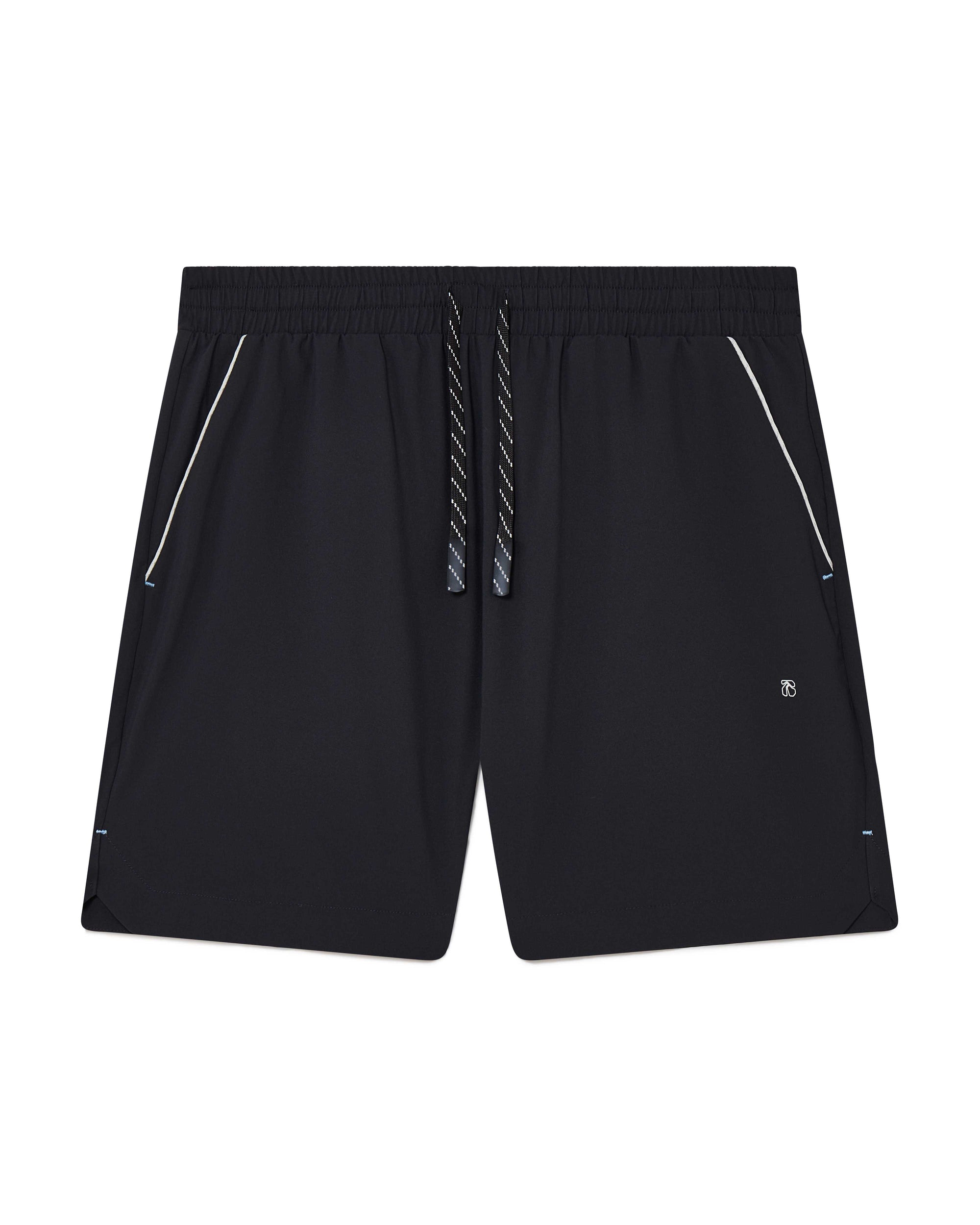 Black Running shorts, front view, lightweight shell, 4-way stretch, moisture wicking and breathable fabric