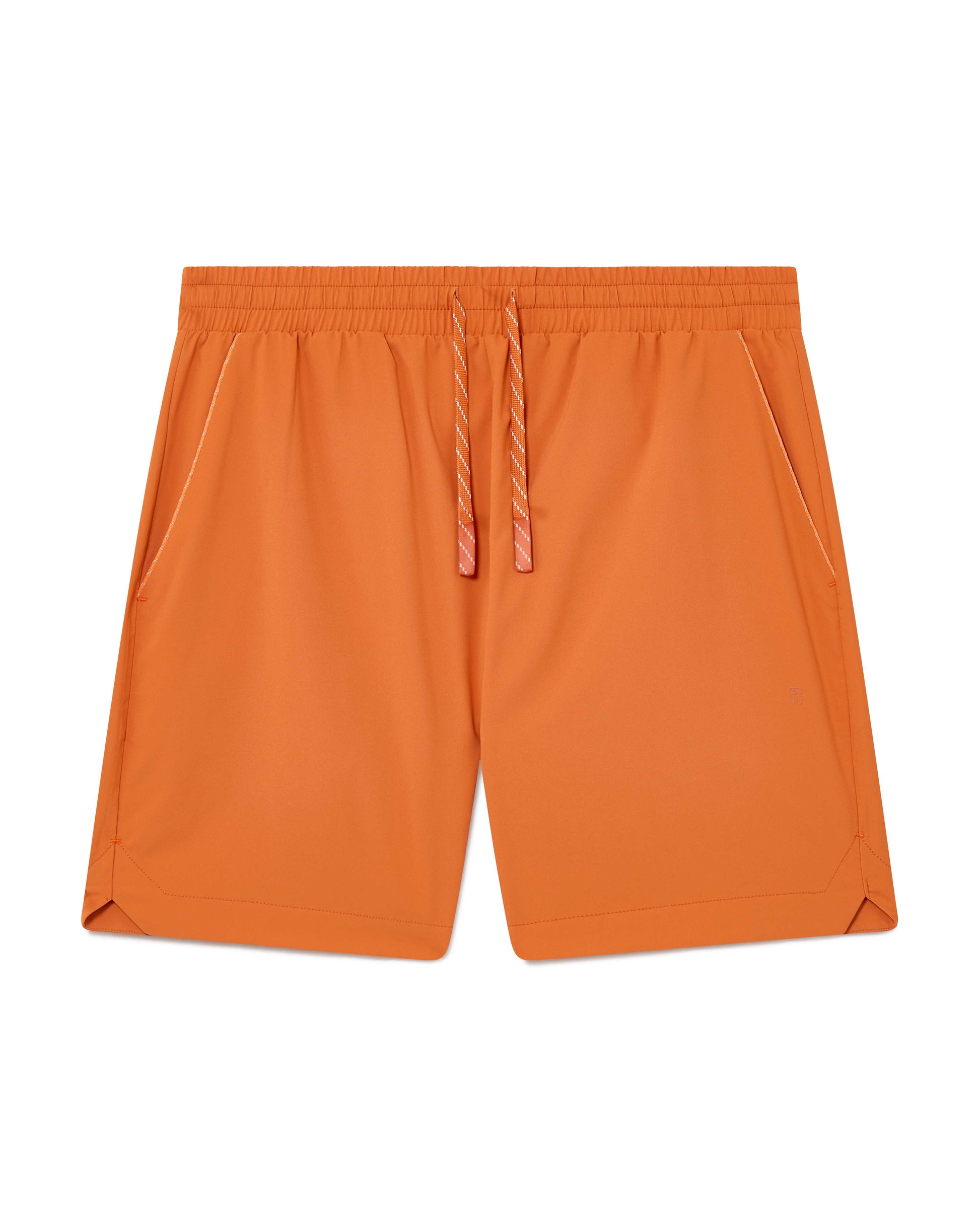 Orange Running shorts, front view, lightweight shell, 4-way stretch, moisture wicking and breathable fabric