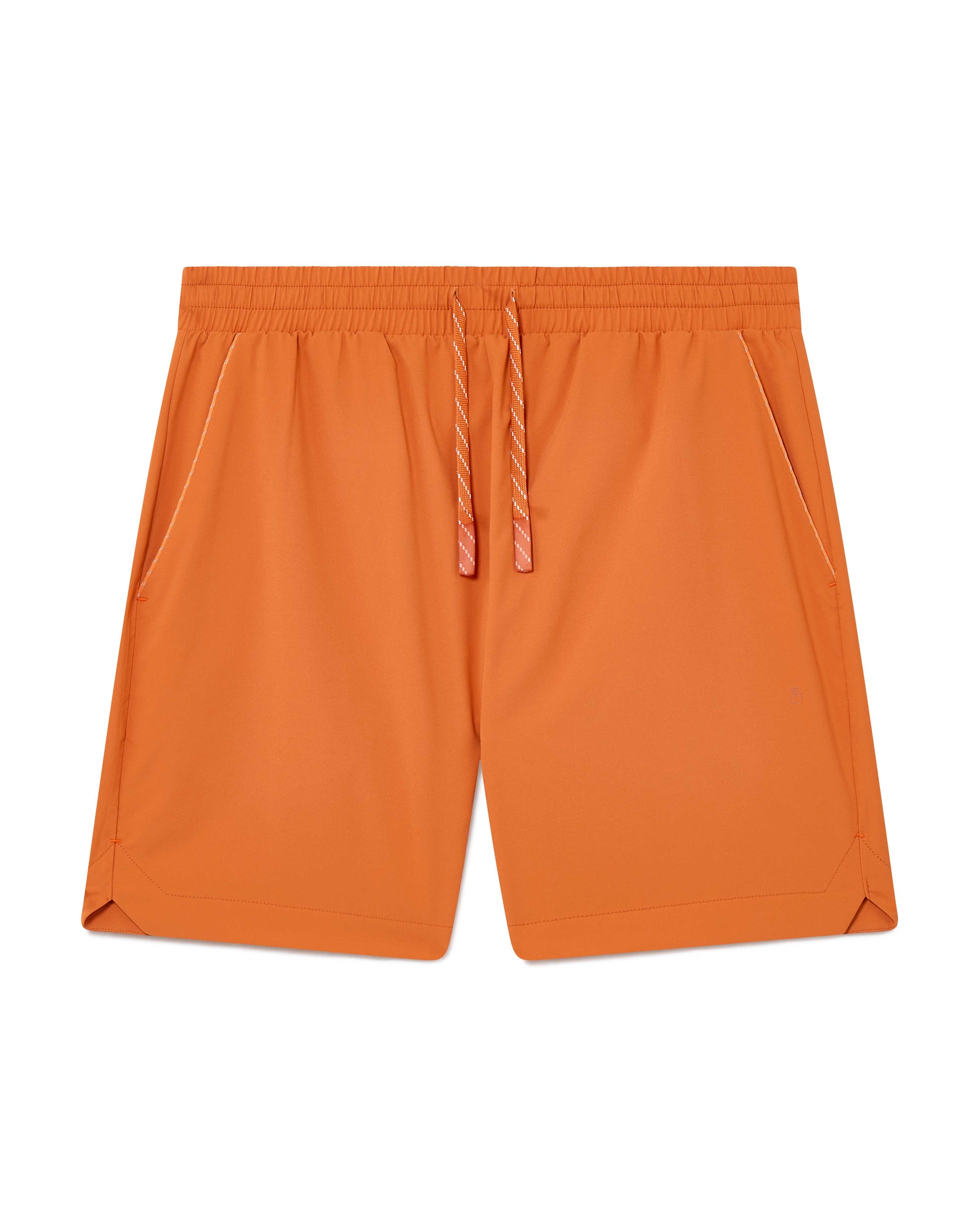Orange Running shorts, front view, lightweight shell, 4-way stretch, moisture wicking and breathable fabric