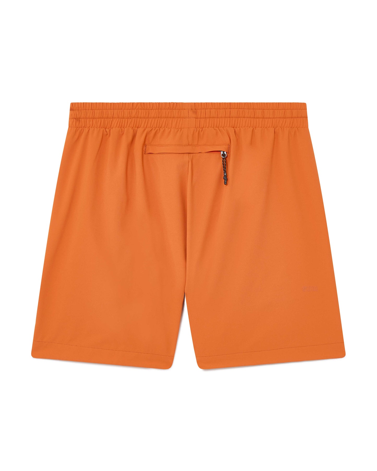 Orange Running shorts, back view, lightweight shell, 4-way stretch, moisture wicking and breathable fabric, back zip