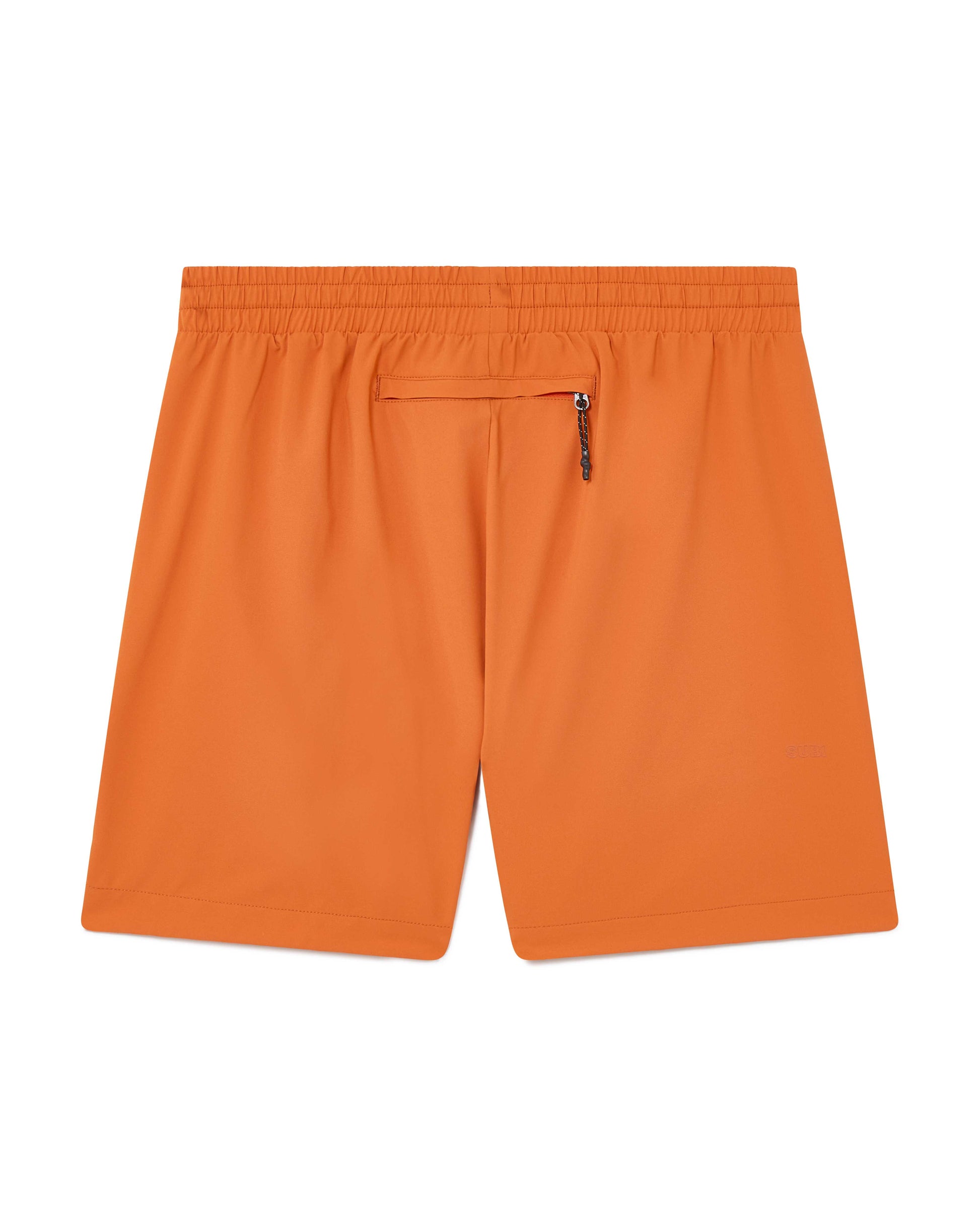 Orange Running shorts, back view, lightweight shell, 4-way stretch, moisture wicking and breathable fabric, back zip