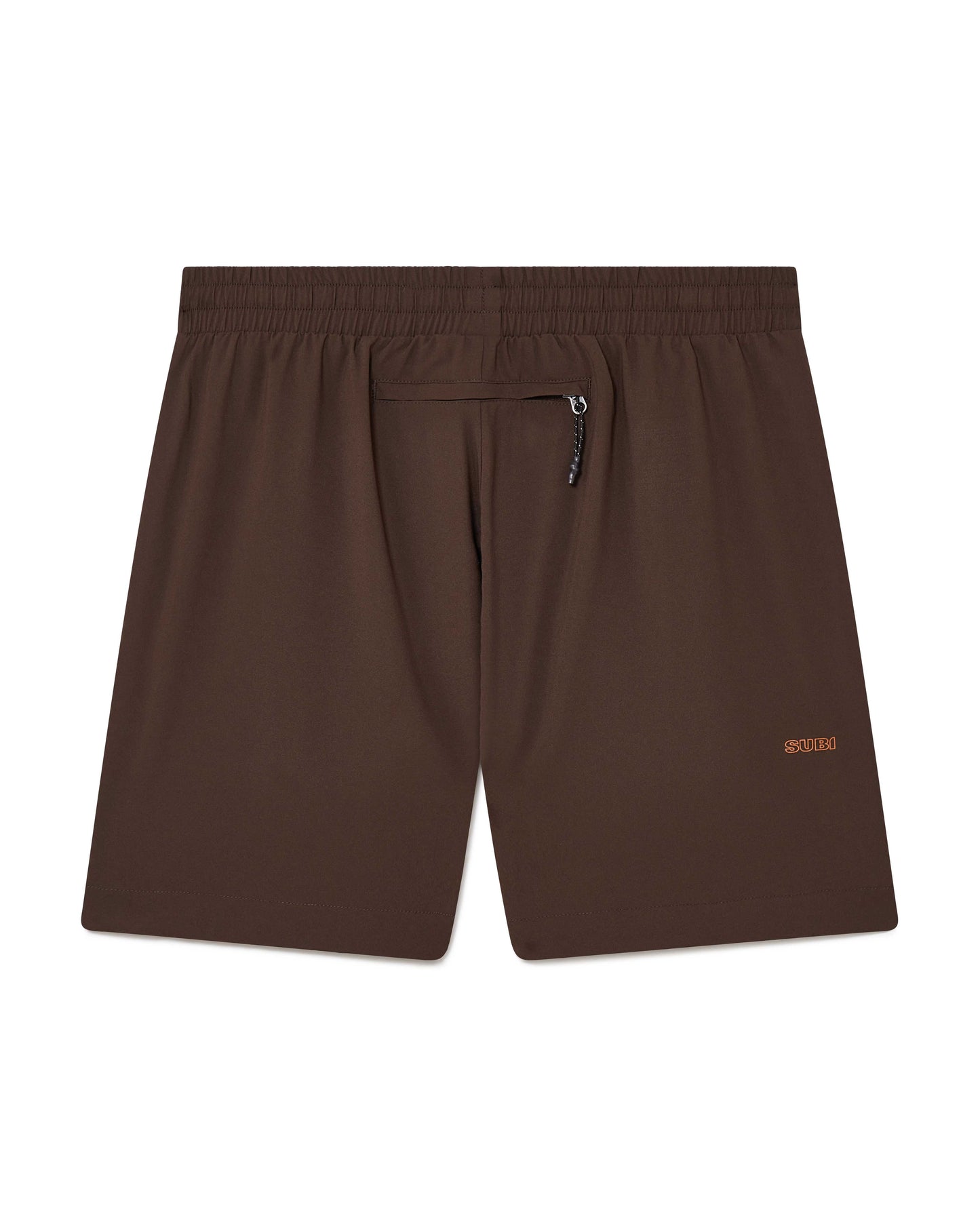 Brown Running shorts, back view, lightweight shell, 4-way stretch, moisture wicking and breathable fabric, back zip