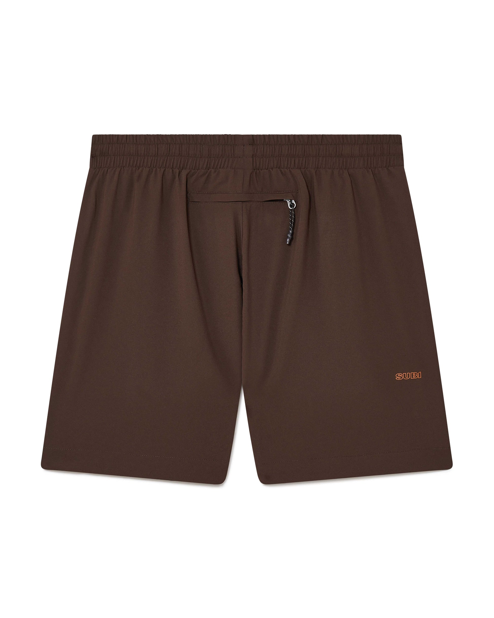 Brown Running shorts, back view, lightweight shell, 4-way stretch, moisture wicking and breathable fabric, back zip