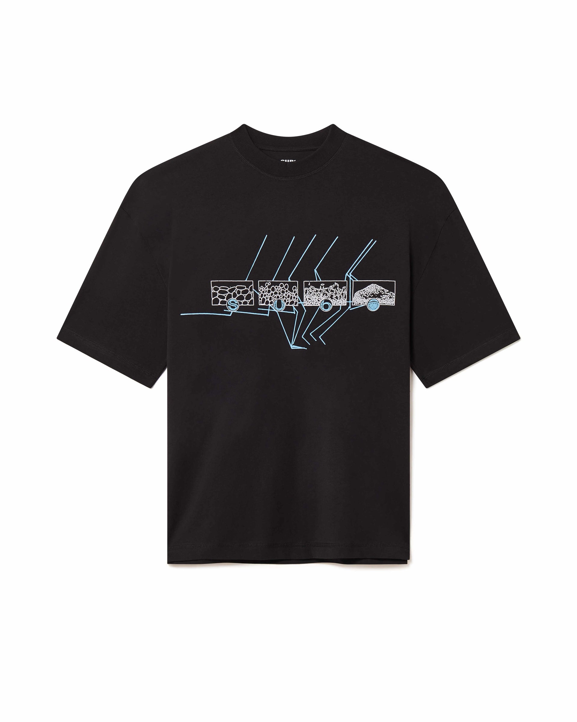 Unisex, Black Illustration cotton t-shirt, front view, relaxed fit, extended sleeves, boxy fit