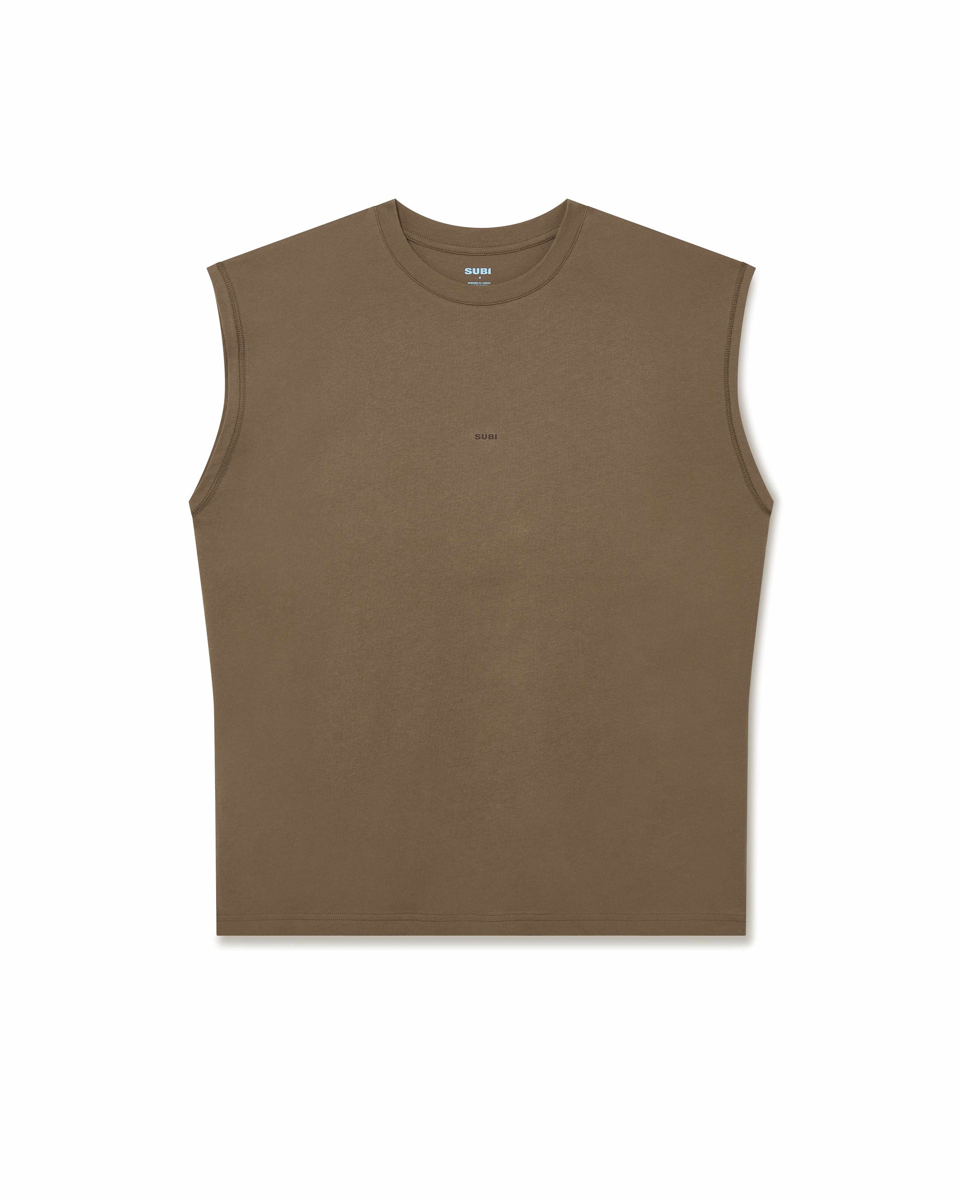 Training tank top, Dune colour, front view, relaxed fit, wide arm openings