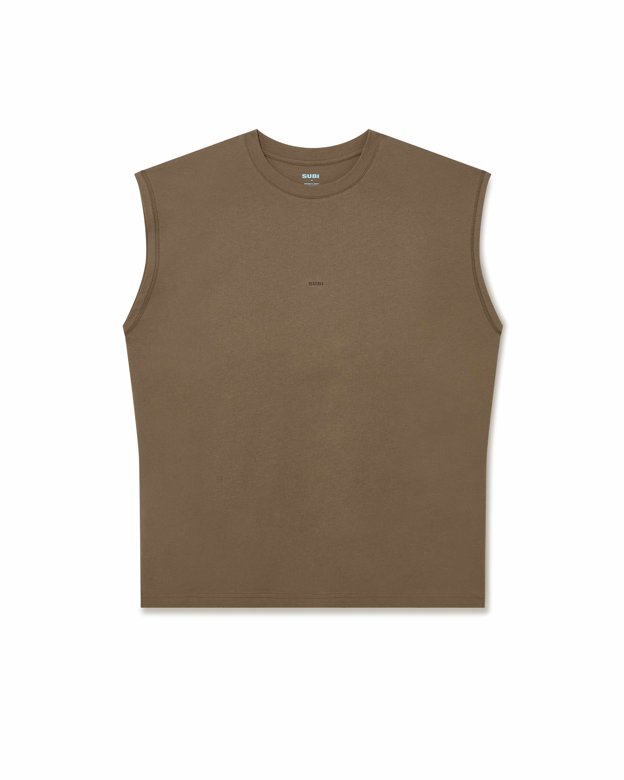Training tank top, Dune colour, front view, relaxed fit, wide arm openings