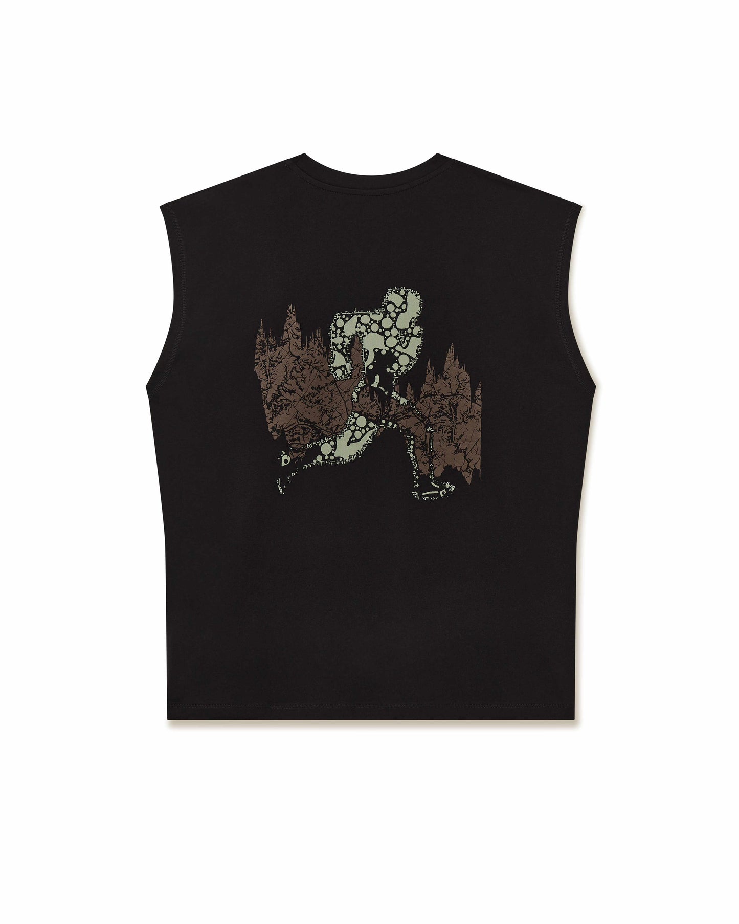 Training tank top, Black colour, back view, relaxed fit, wide arm openings, illustration