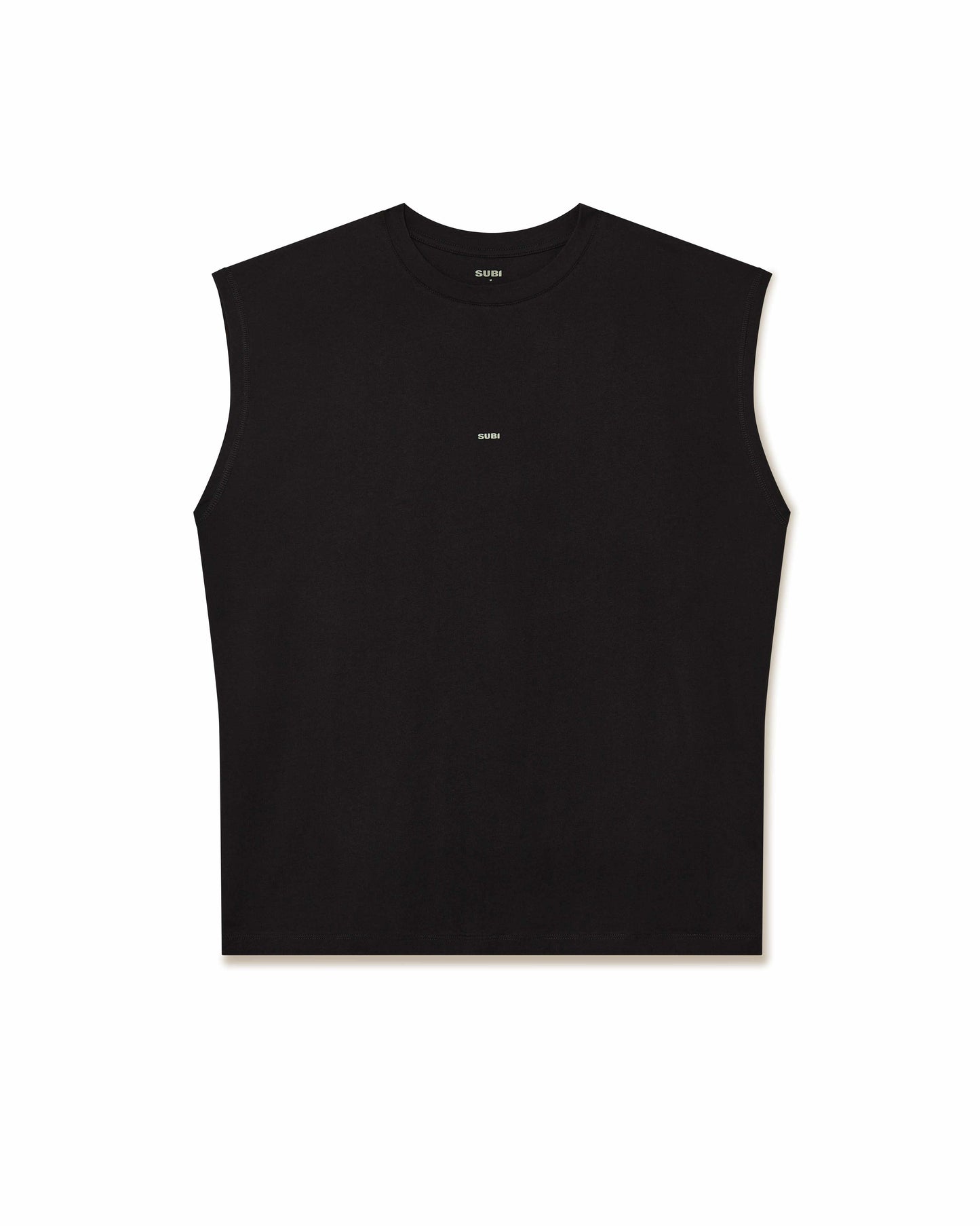 Training tank top, Black colour, front view, relaxed fit, wide arm openings