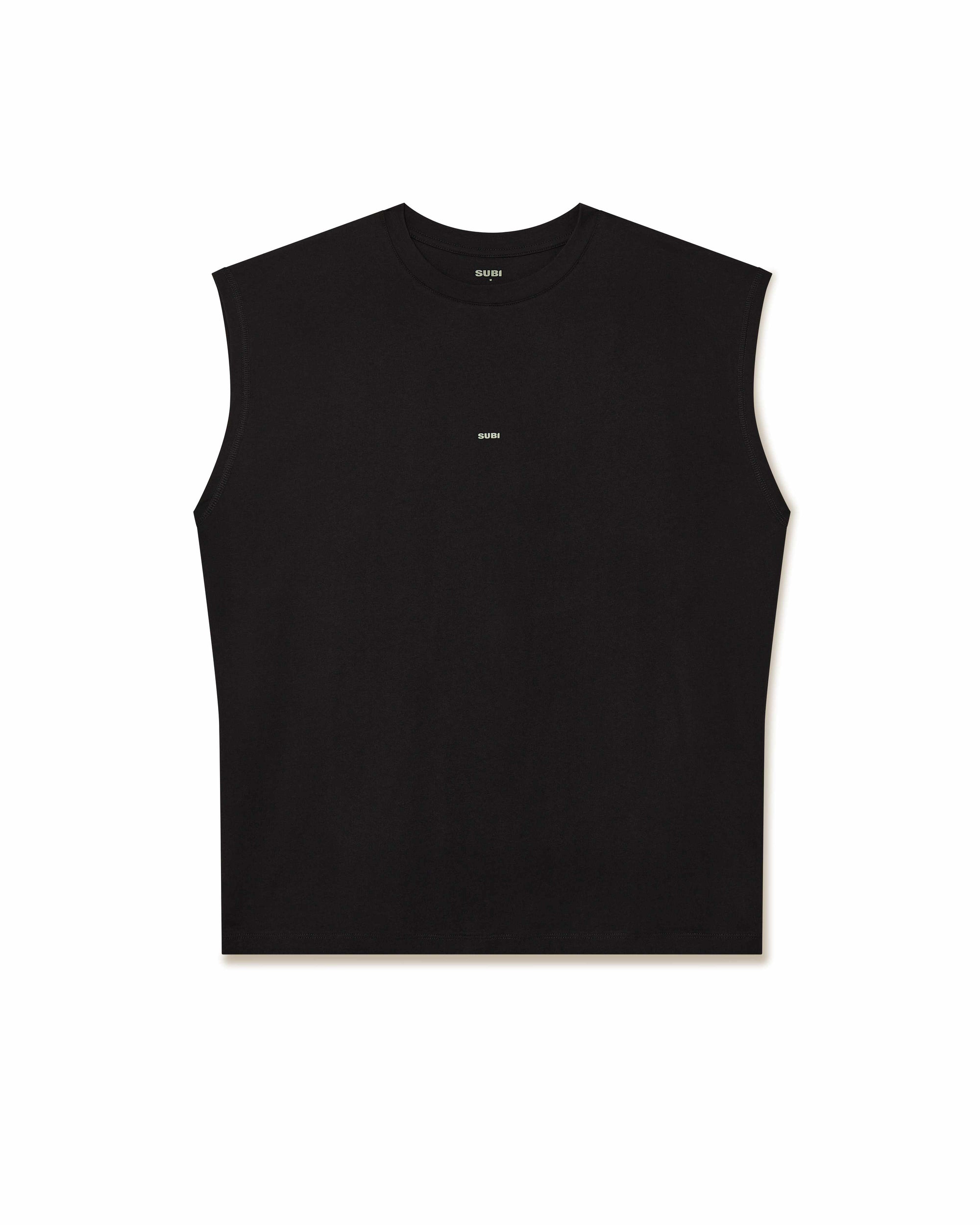 Training tank top, Black colour, front view, relaxed fit, wide arm openings