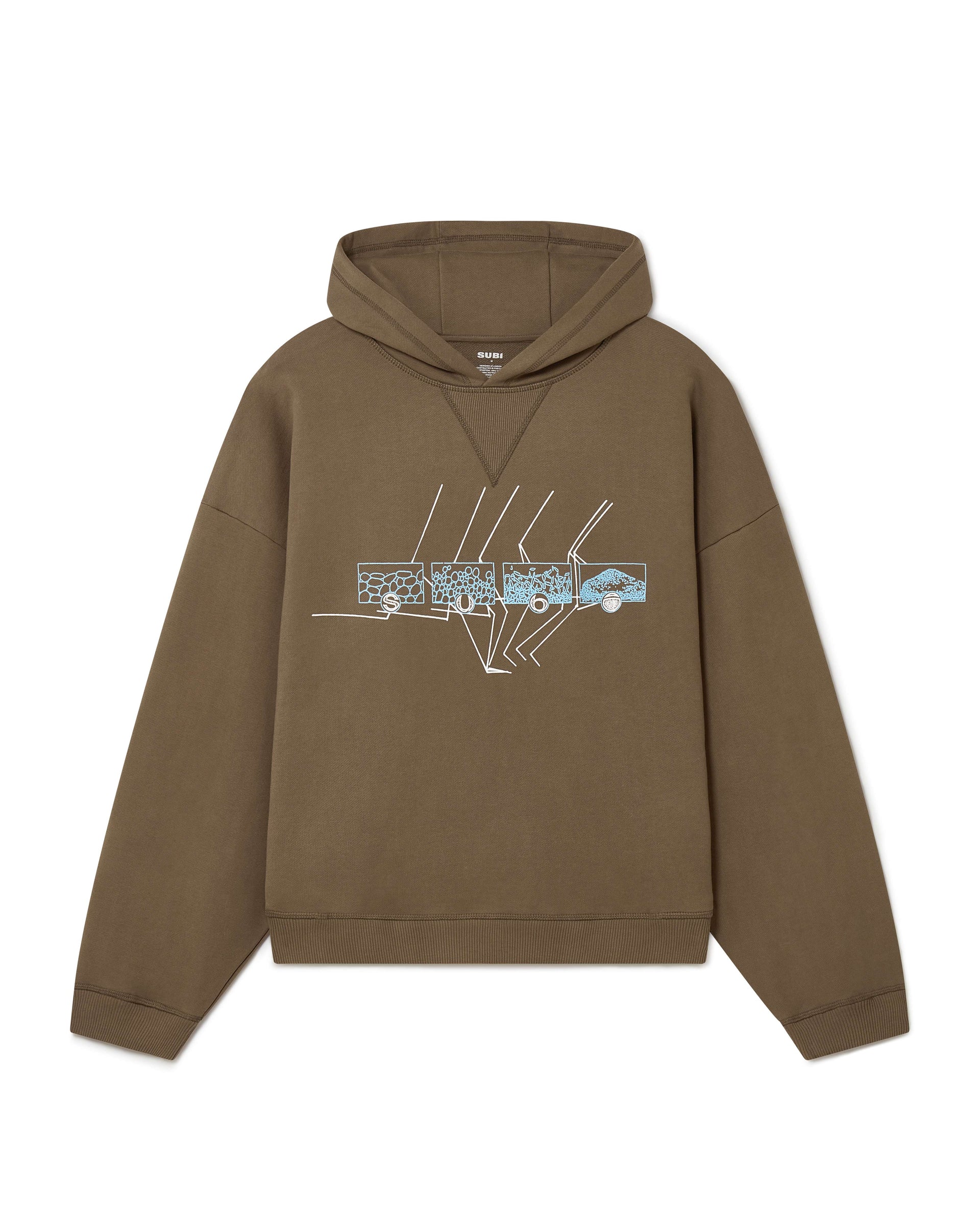 SUBI Topography Hoodie, Brown, front view, relaxed fit, heavyweight cotton fleece