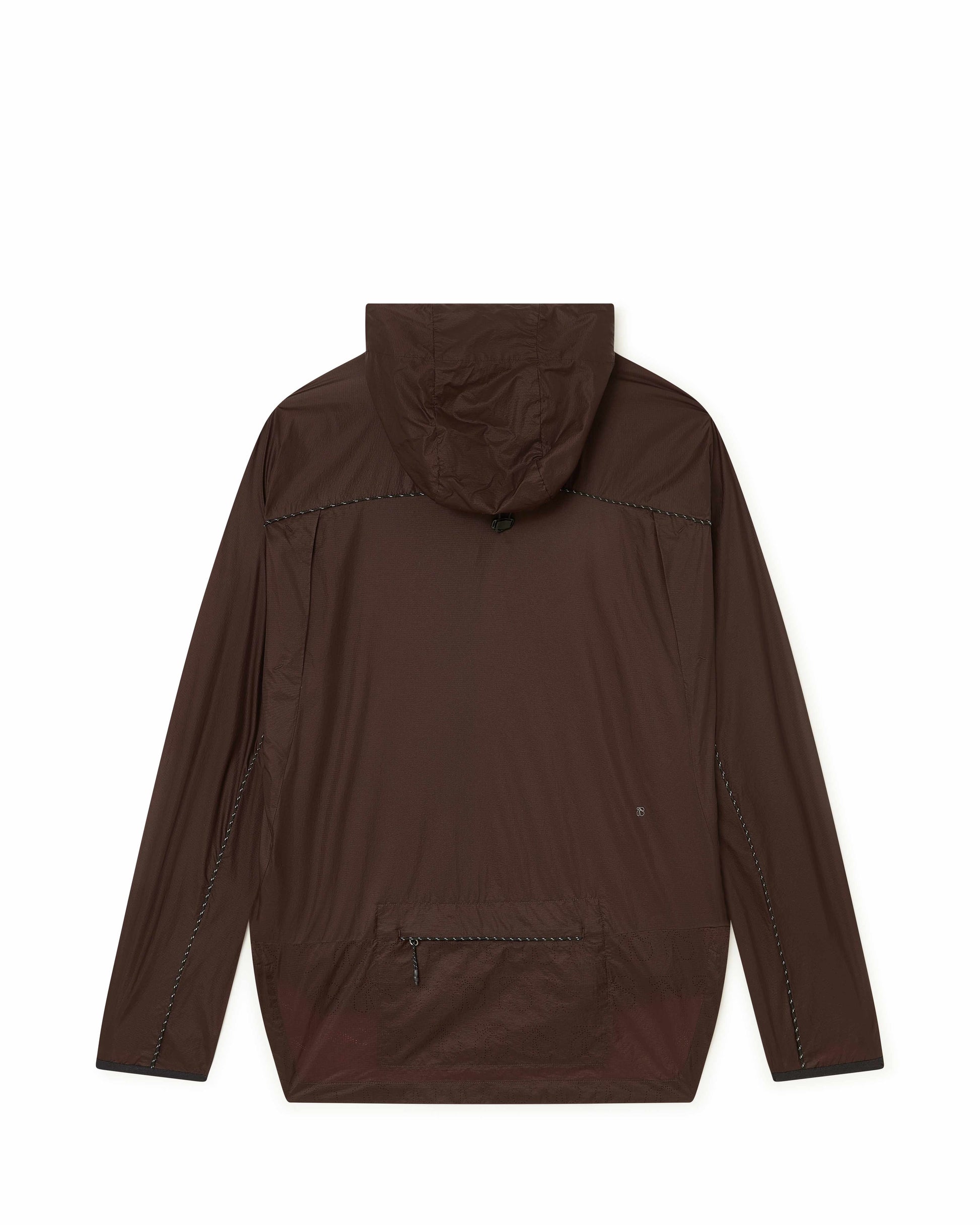 Ultralight running jacket, Brown colour, back view, cropped fit, water-repellent, zippered back pocket